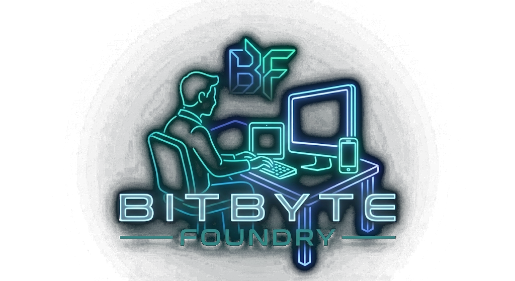 Neon-style BitByte Foundry illustration of a developer working across desktop, tablet, and mobile devices